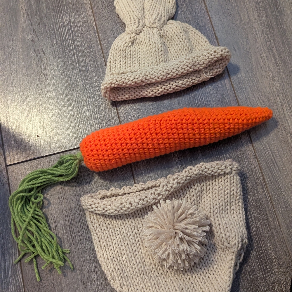Cream and Orange Knitted Hat with Pom-Pom